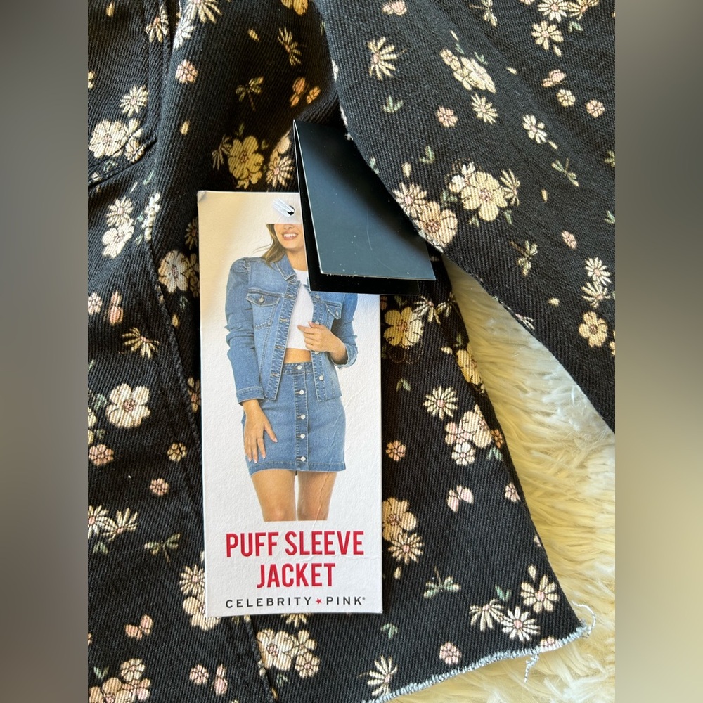 Celebrity Pink | Black Denim Puff Sleeve Jean Jacket with Floral Print - Picture 4 of 11